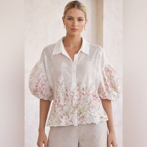 T25. Floral Embroidered Puff-Sleeve Button-Up Top